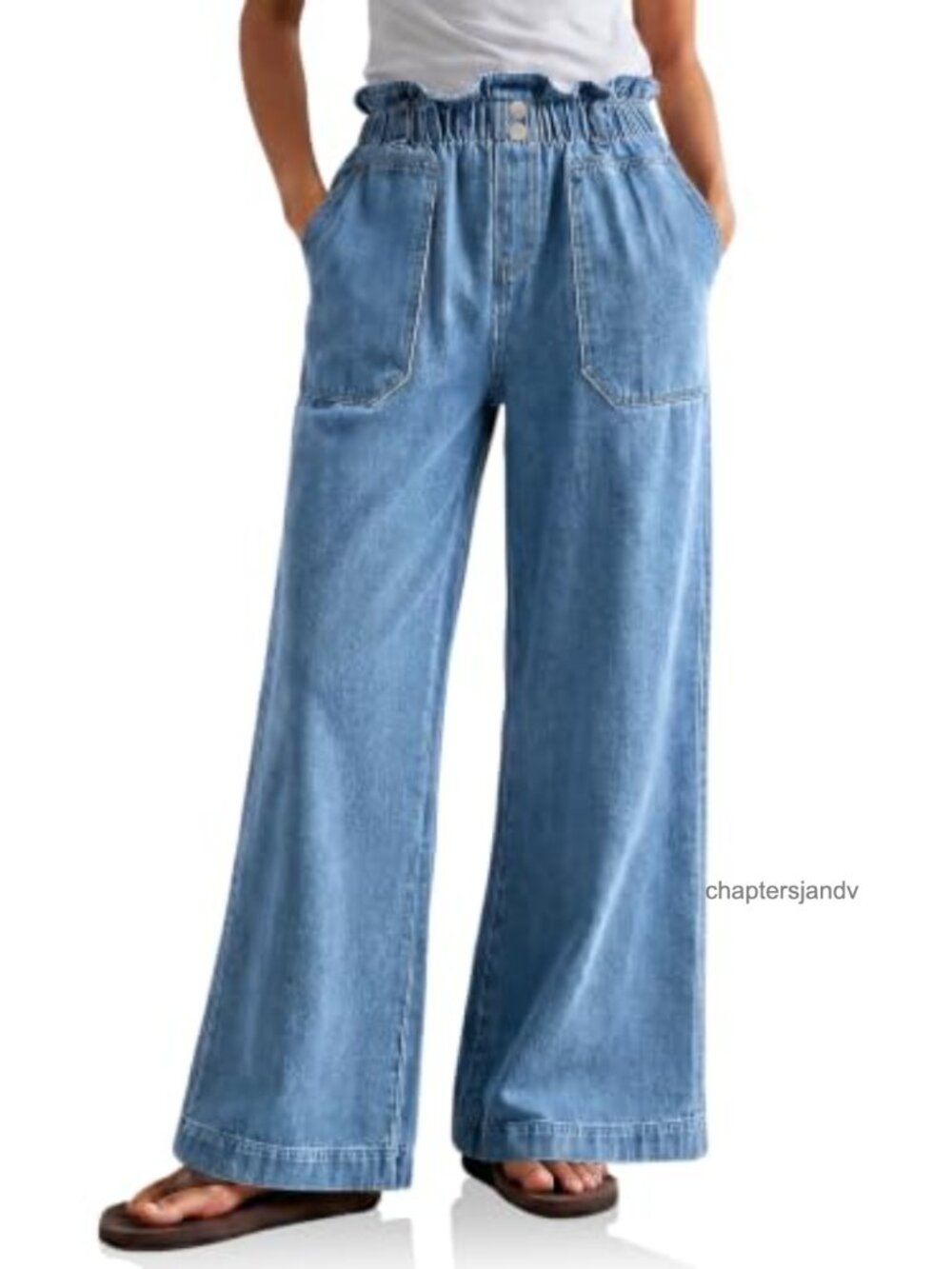Womens Lightweight Denim Ruffle High Waist Wide Leg Baggy Pleated Jeans